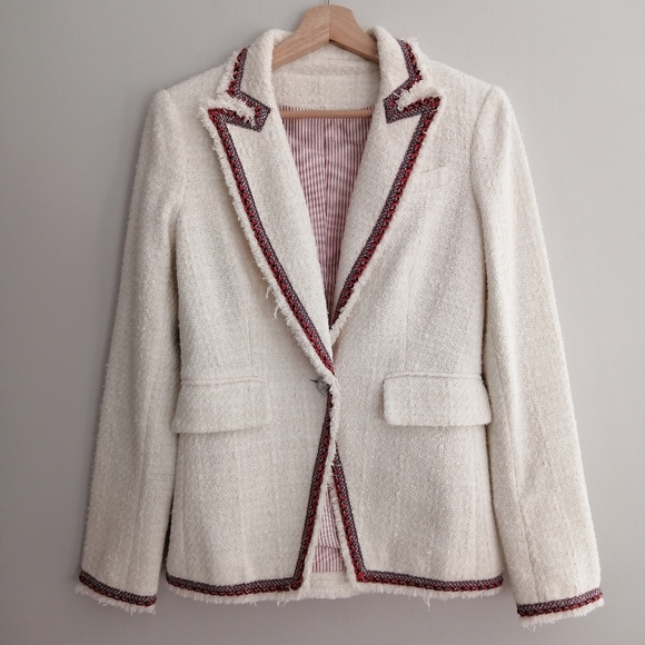 Veronica Beard Raw Edge Cutaway White Tweed Dickey Blazer with Red Trim 0 - Picture 4 of 17